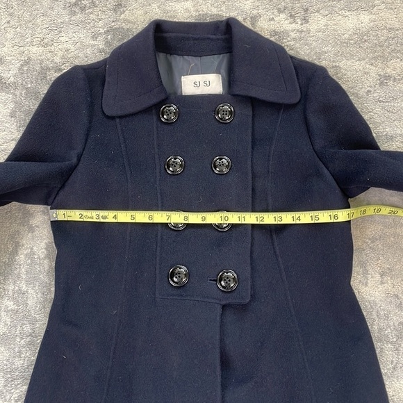 SJSJ Double Breasted Pea Coat Deep Navy Blue Angora Mink Wool Sz M - Picture 6 of 11
